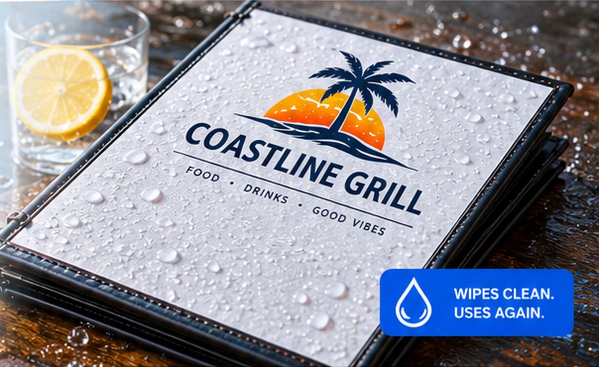 Water-resistant LexTera synthetic restaurant menu shown with water droplets